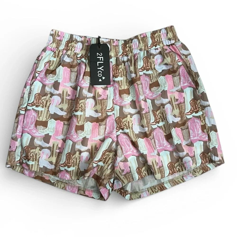Two 2 Fly Cowboy Boot Print Shorts Pink Brown Tan Pull On Elastic Waist NWT M - Picture 1 of 9